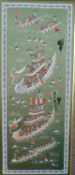 A 20th century Chinese embroidered silk panel depicting dragon boats on a green field, in a gilt