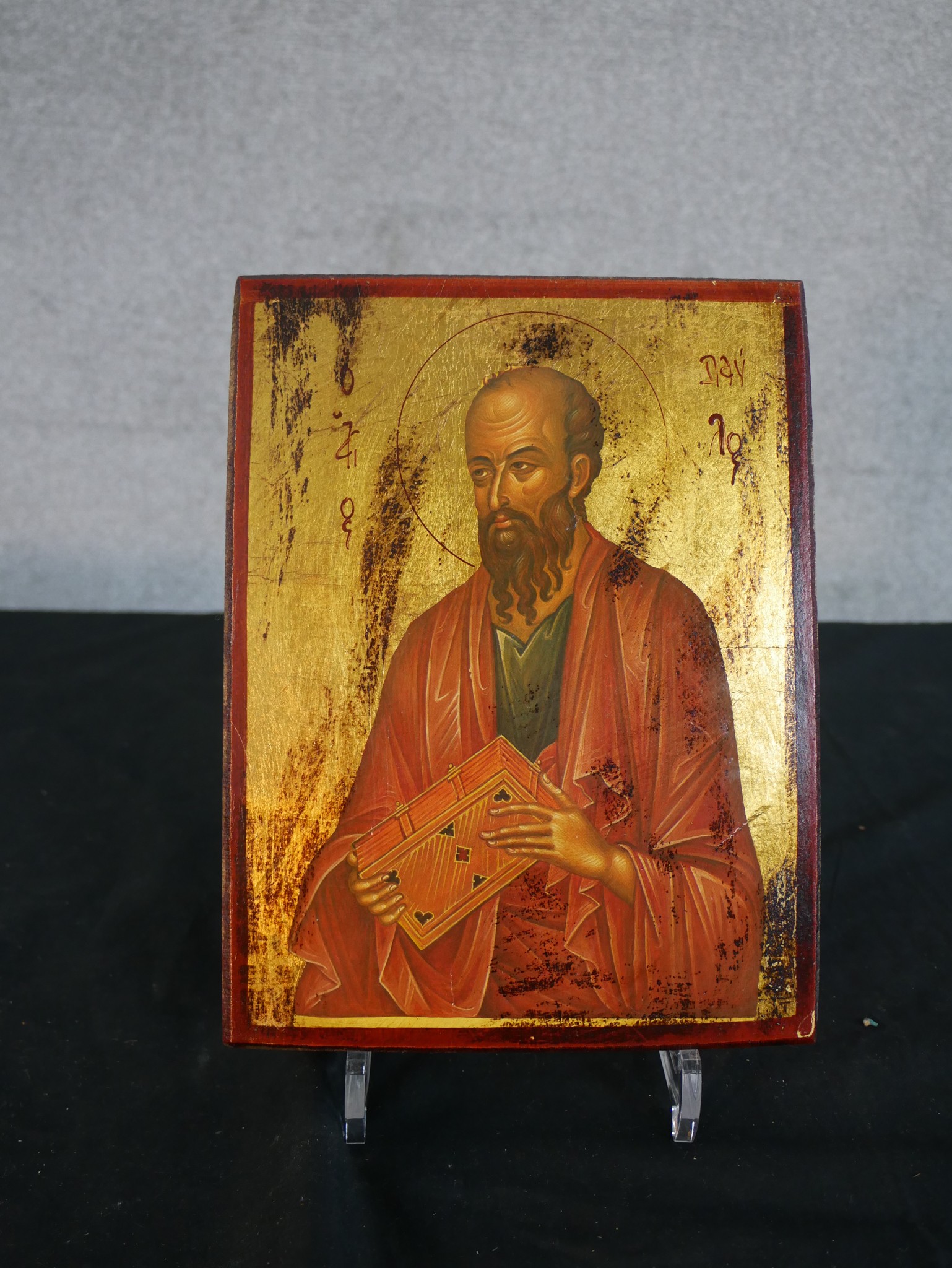 20th century painted religious icon depicting St. Paul the Apostle H.24 W.18 D.3cm