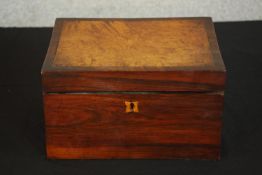 A Victorian burr walnut and walnut storage box opening to reveal pine and velvet lined interior. H.
