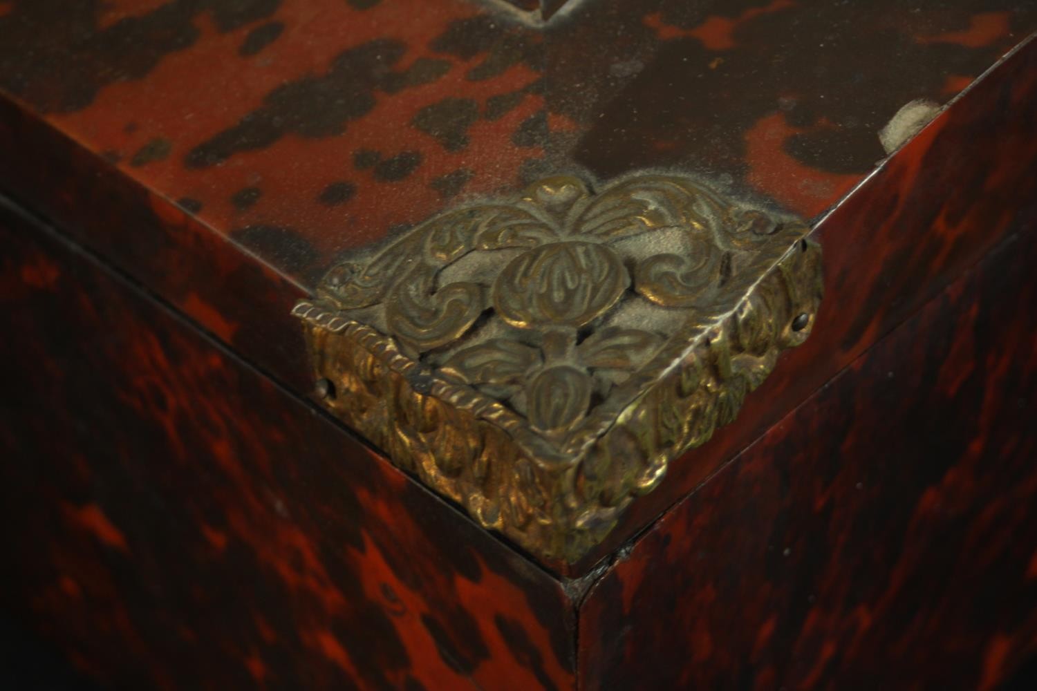 A 19th century tortoiseshell mounted dome topped box with brass mounts, opening to reveal velvet - Image 5 of 8