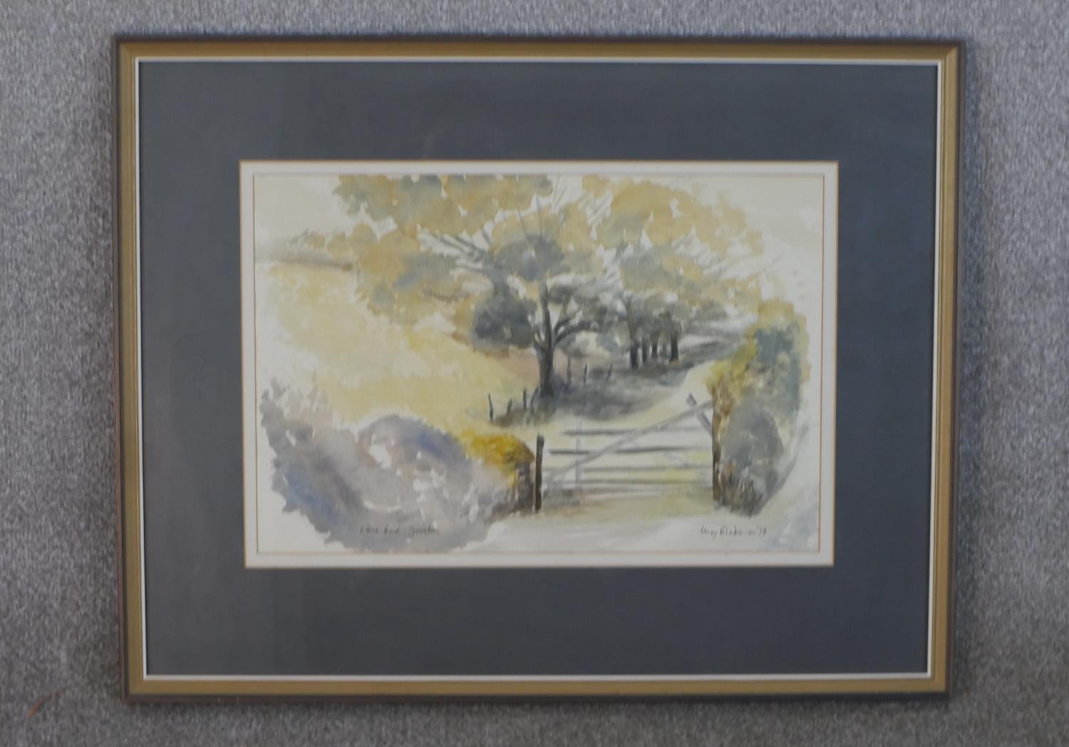 A framed and glazed watercolour of a countryside lane with gate, signed Blake. H.50 W.64cm - Image 2 of 6