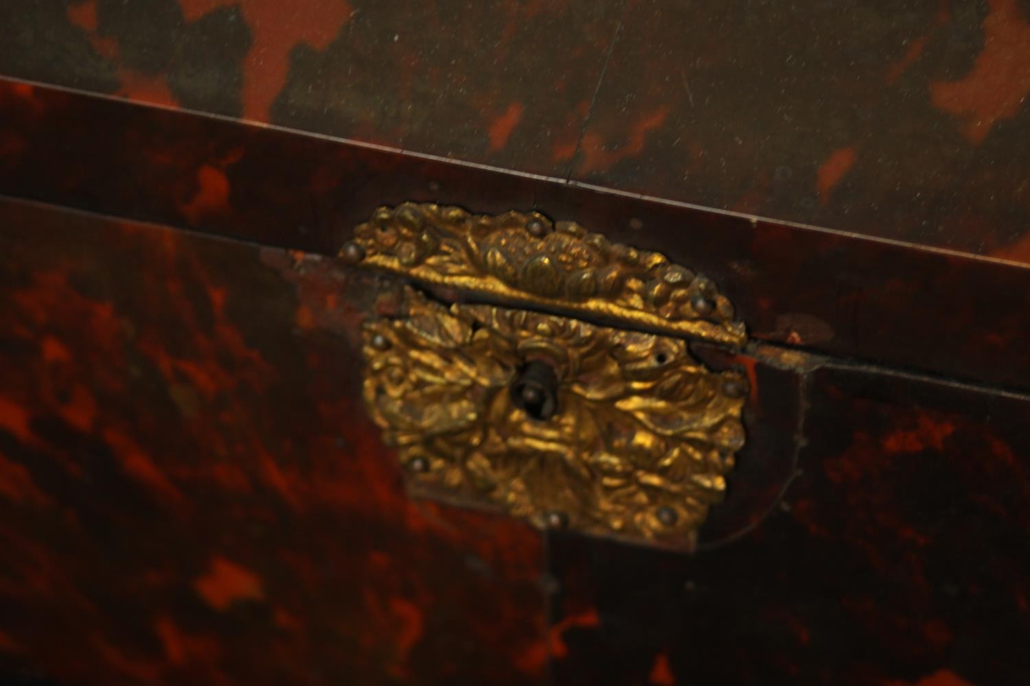 A 19th century tortoiseshell mounted dome topped box with brass mounts, opening to reveal velvet - Image 6 of 8