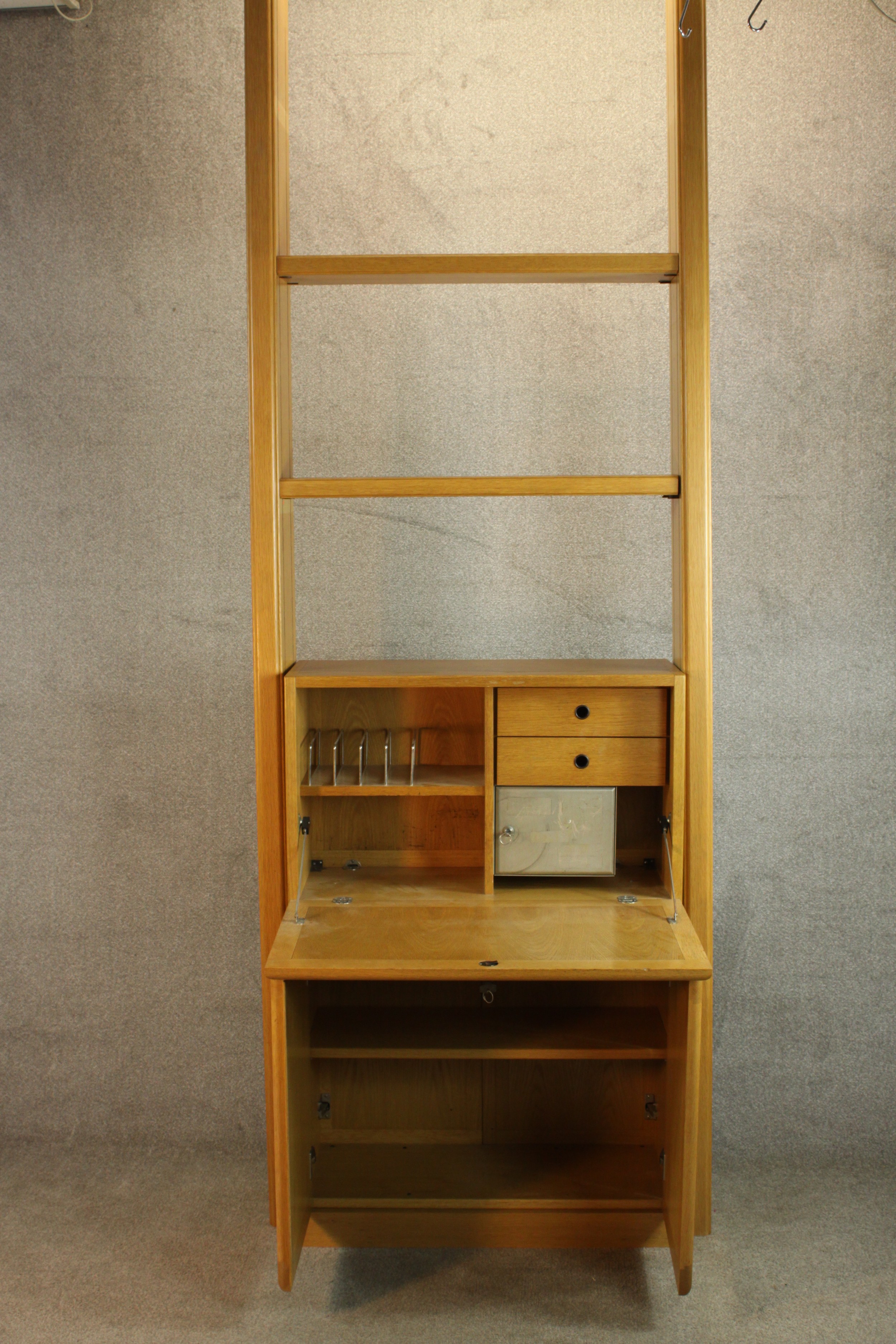 A late 20th century oak bureau cabinet, with shelves over a fall front containing drawers, - Image 6 of 11