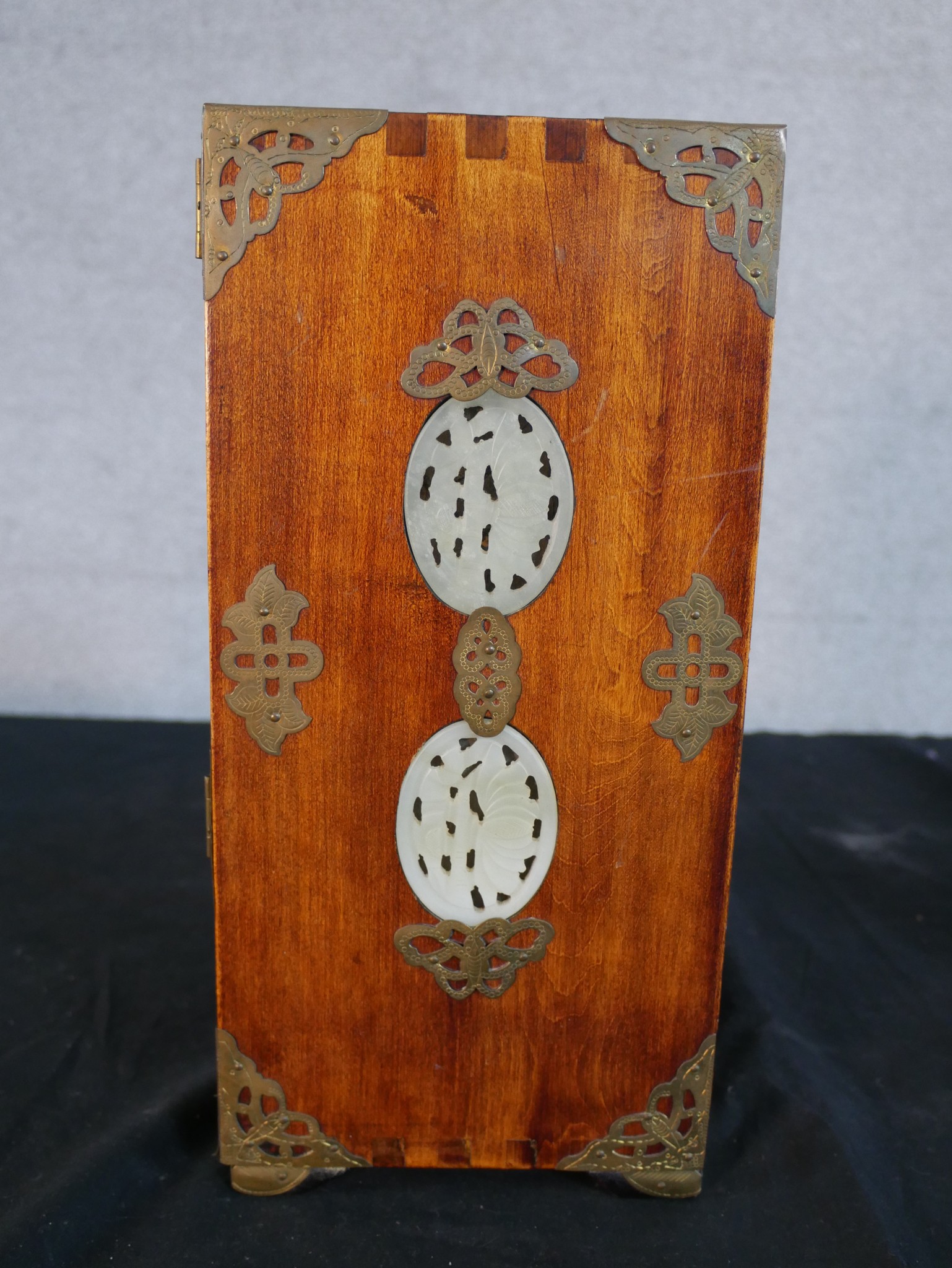 Three 20th century Chinese jewellery cabinets, with brass mounts and carved jade decoration, two - Image 15 of 21