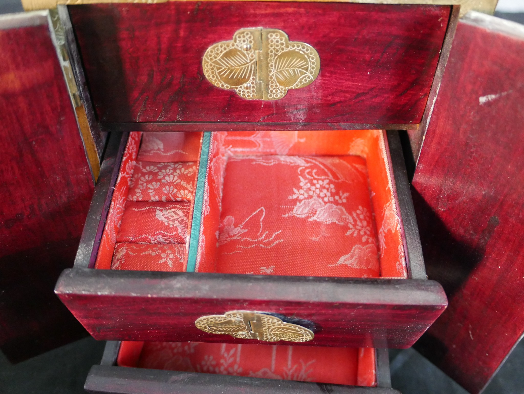 Three 20th century Chinese jewellery cabinets, with brass mounts and carved jade decoration, two - Image 4 of 21