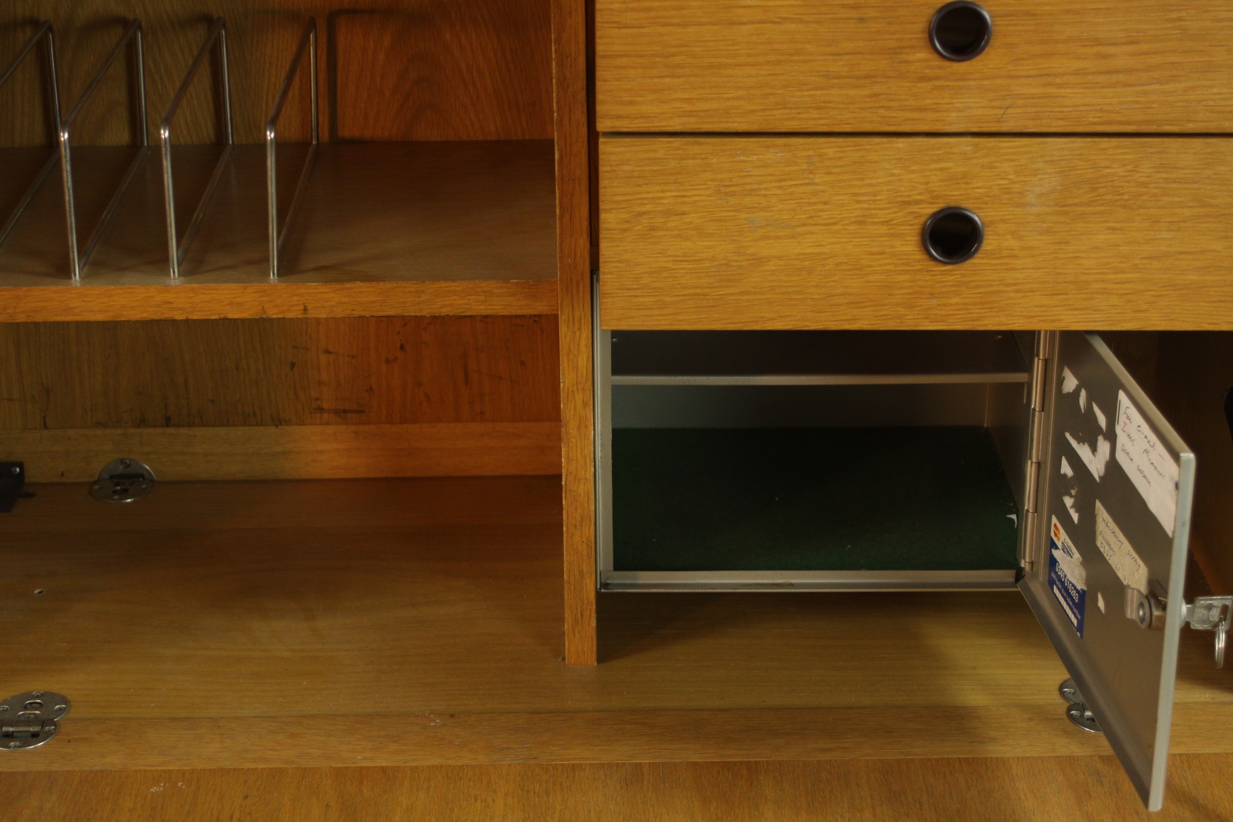 A late 20th century oak bureau cabinet, with shelves over a fall front containing drawers, - Image 8 of 11
