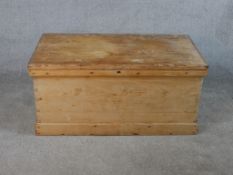 A late 19th / early 20th century stripped pine storage trunk. H.44 W.91 D.48cm.