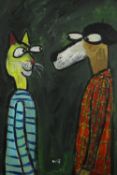 Wolf Howard (Contemporary) Clothed Dog and Cat in Coversation, acrylic on canvas, unframed. H.60 W.