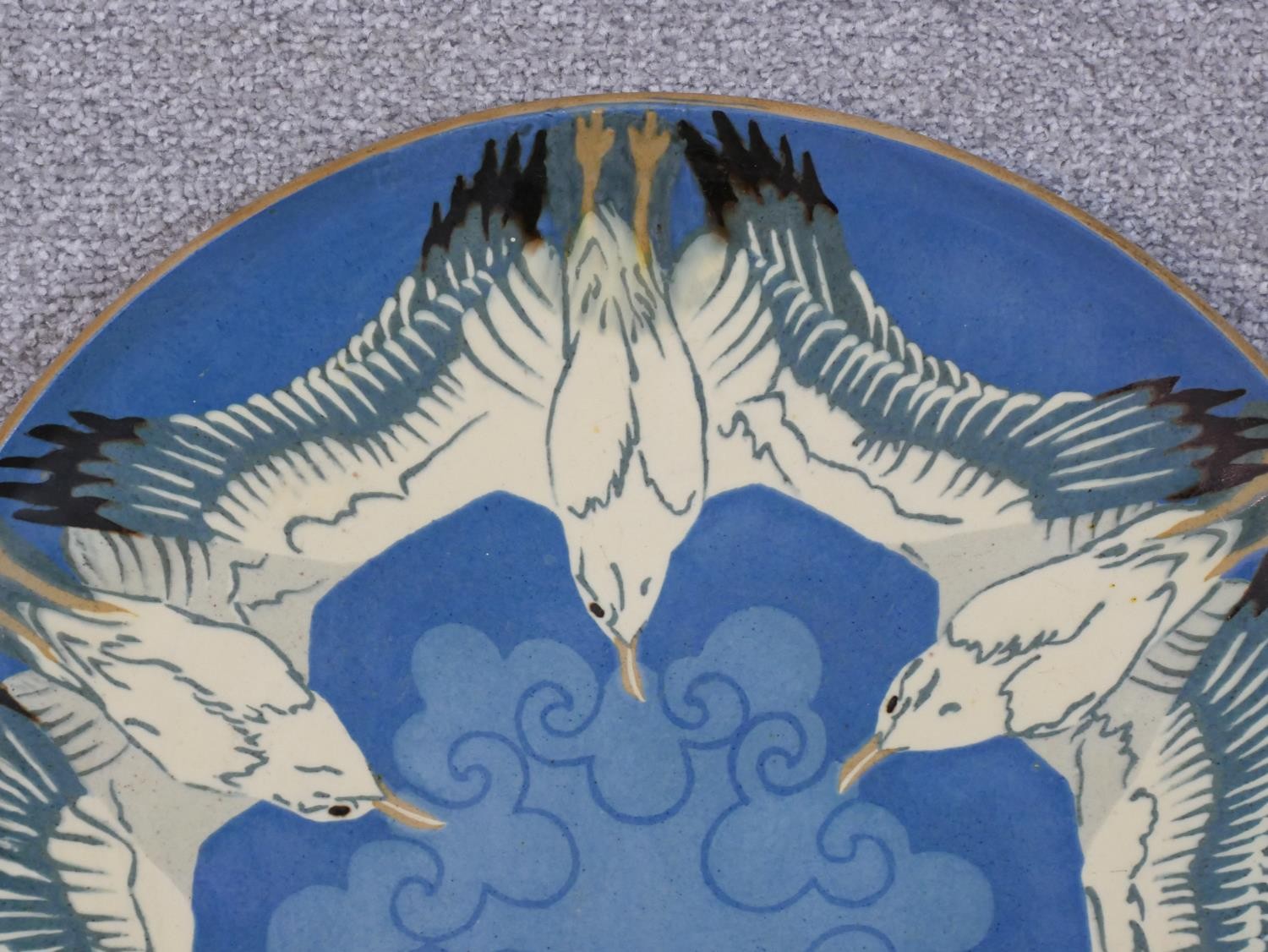 Danish Herman Kahler (HAK), a large ceramic glazed charger with seagull design on pale blue - Image 3 of 4