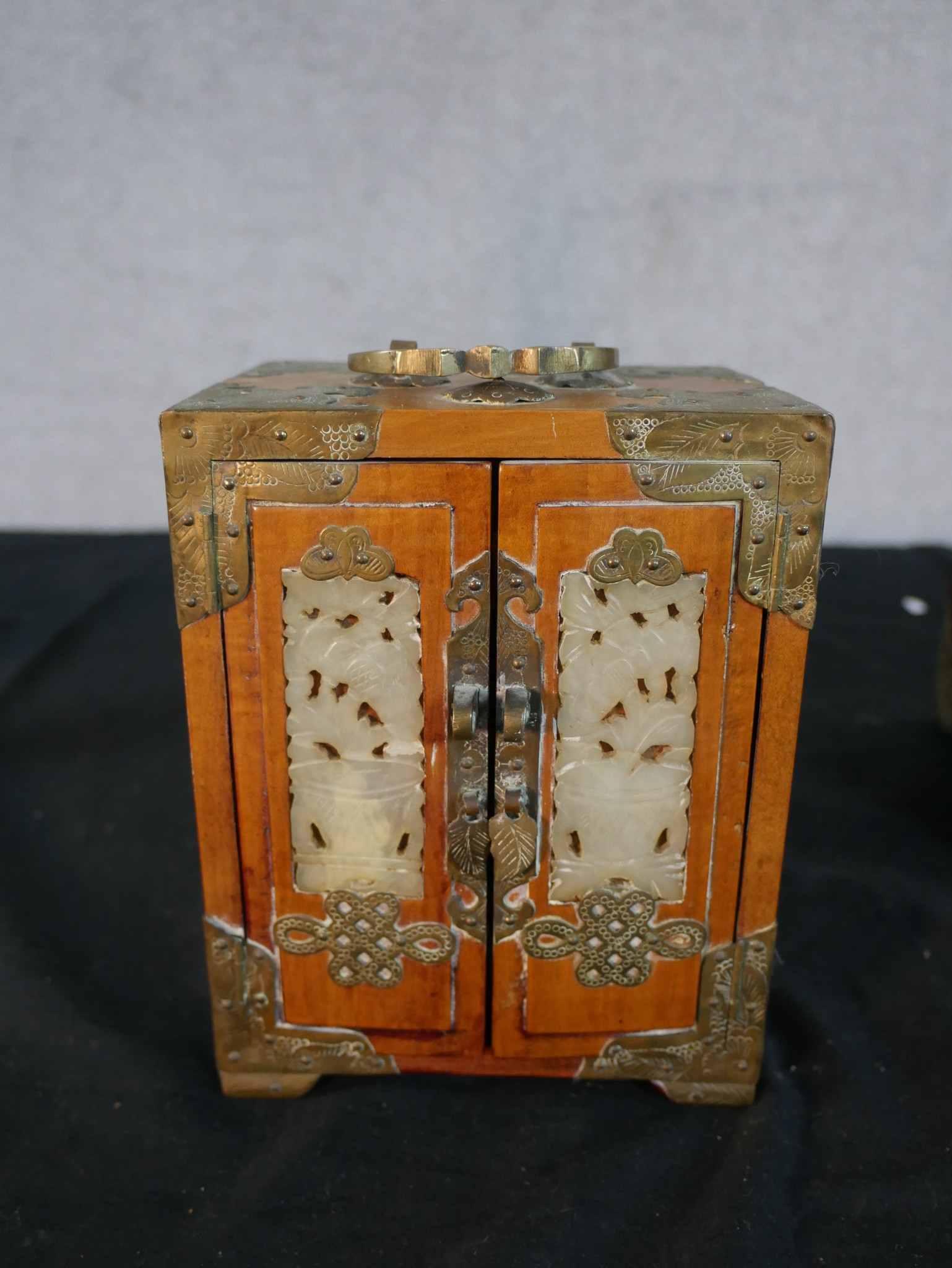 Three 20th century Chinese jewellery cabinets, with brass mounts and carved jade decoration, two - Image 6 of 21