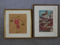 Katie Blackmore, watercolour of a blonde haired lady carrying baskets of apples, signed and