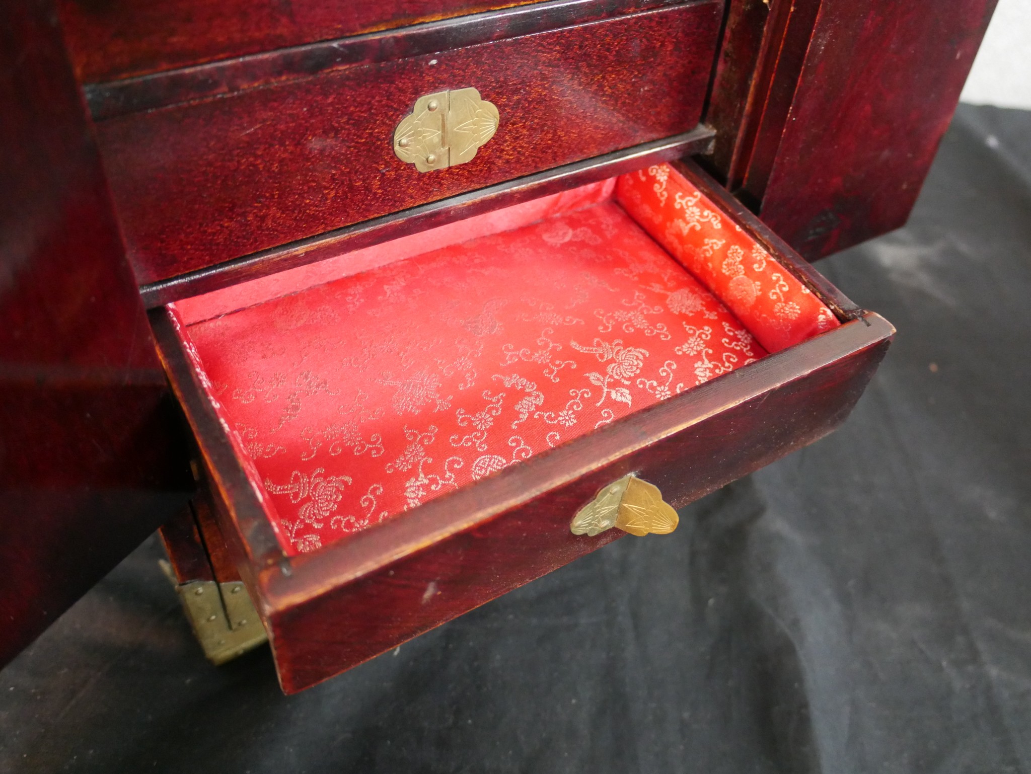 Three 20th century Chinese jewellery cabinets, with brass mounts and carved jade decoration, two - Image 12 of 21