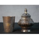 An Egyptian silver cup with calligraphic design along with a repousse white metal rose water