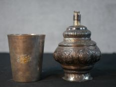 An Egyptian silver cup with calligraphic design along with a repousse white metal rose water