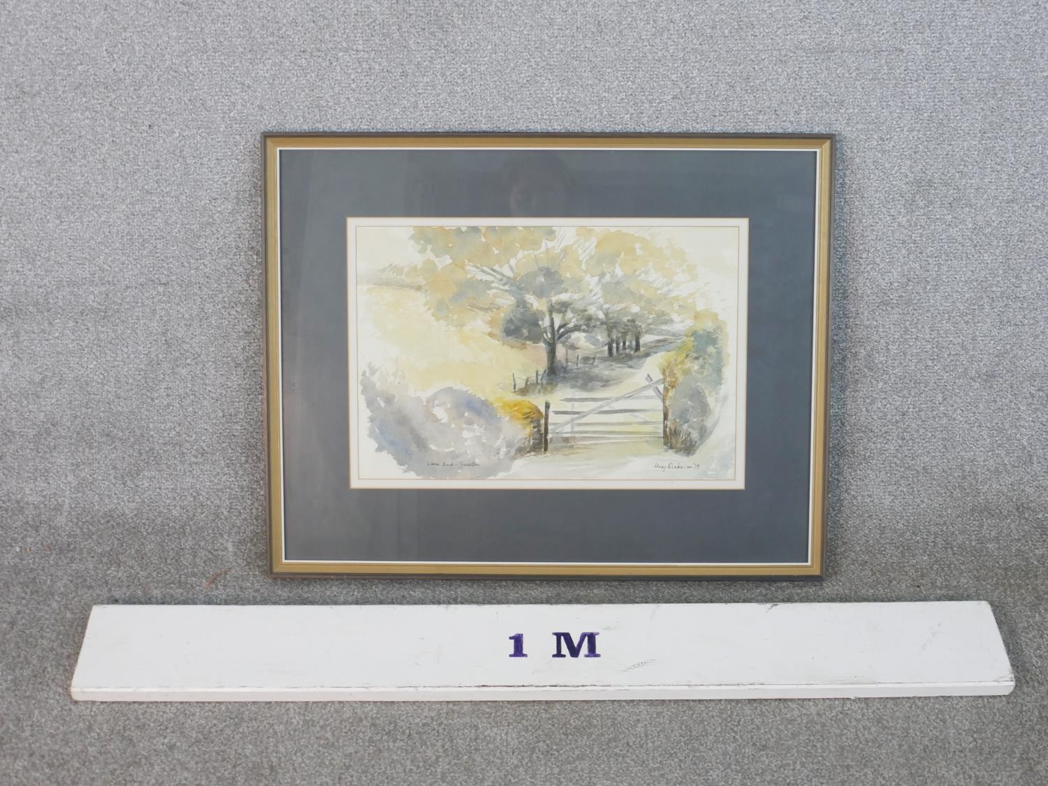 A framed and glazed watercolour of a countryside lane with gate, signed Blake. H.50 W.64cm - Image 3 of 6