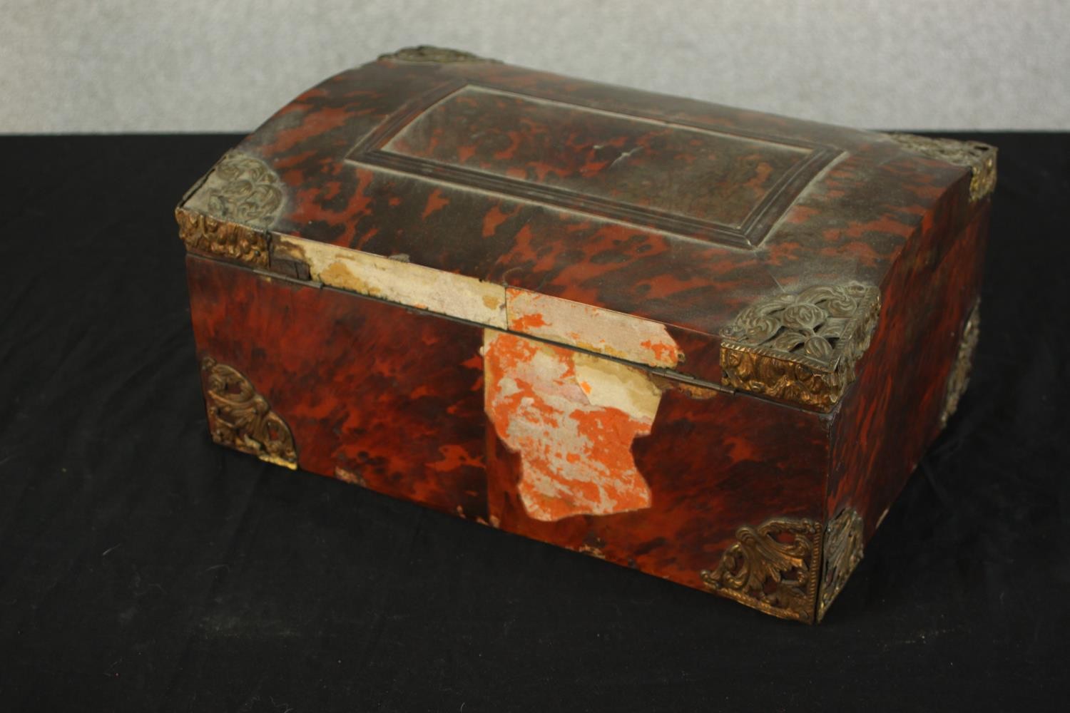 A 19th century tortoiseshell mounted dome topped box with brass mounts, opening to reveal velvet - Image 8 of 8