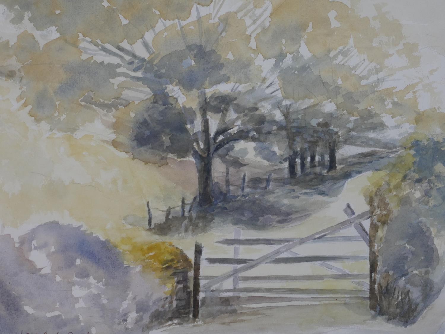 A framed and glazed watercolour of a countryside lane with gate, signed Blake. H.50 W.64cm - Image 4 of 6