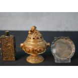 Three pieces of Oriental metalware comprising Japanese brass Koro and lid surmounted with Dog of