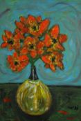 Wolf Howard (Contemporary) Red Flowers in Glass Vase, acrylic on canvas, intialled, unframed. H.46