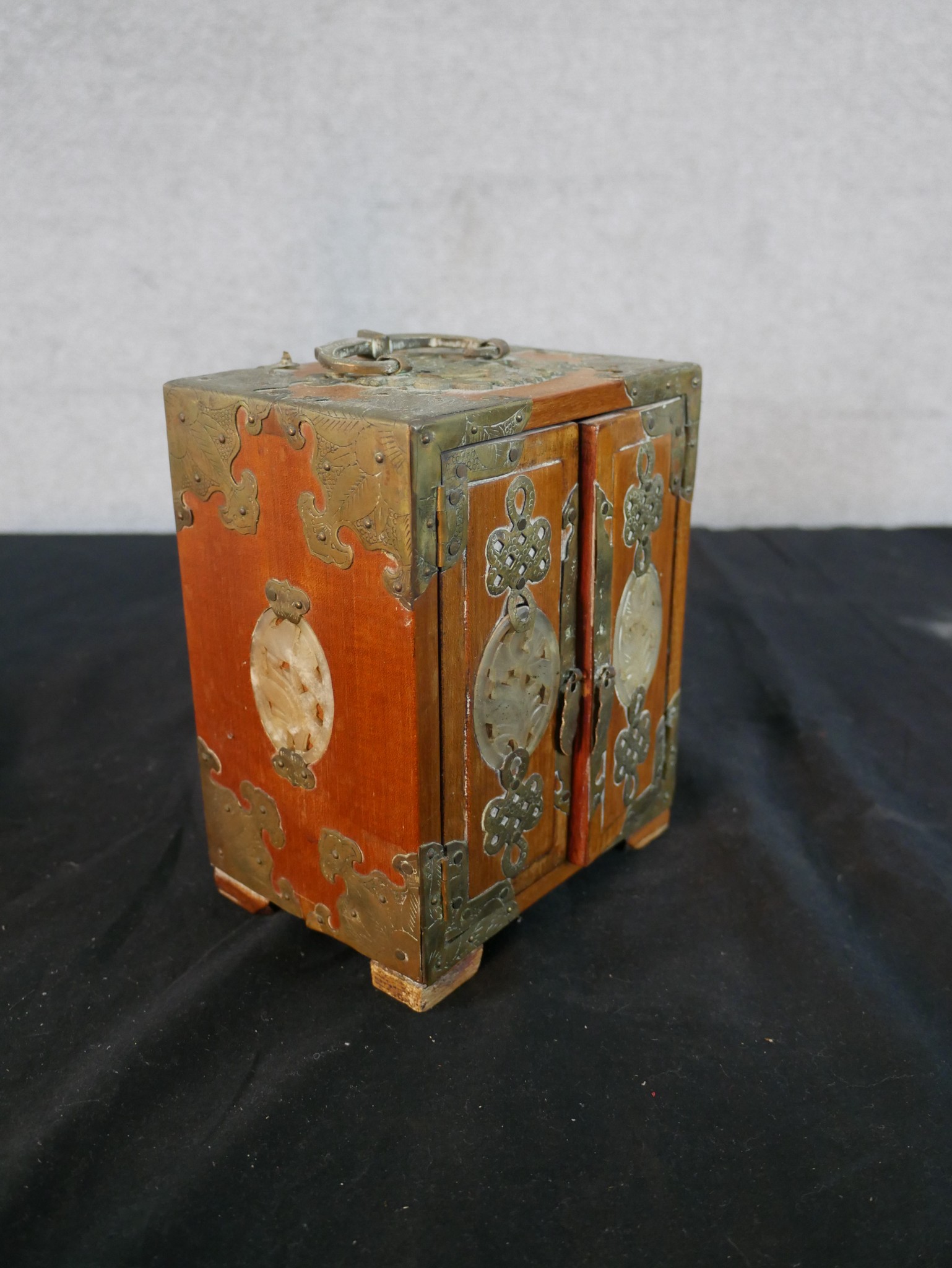 Three 20th century Chinese jewellery cabinets, with brass mounts and carved jade decoration, two - Image 19 of 21