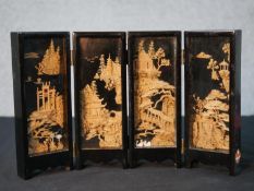 A Contemporary minature Chinese lacquer and cork four panel and three fold table screen, the