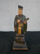 A 19th century carved painted hardwood Japanese figure of a male scholar. H.37 W.11.5 D.11.5cm