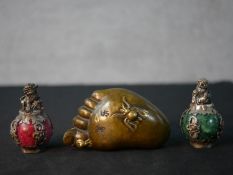 Two Chinese white metal and stone desk fobs surmounted with Dogs of Fo; together with a small