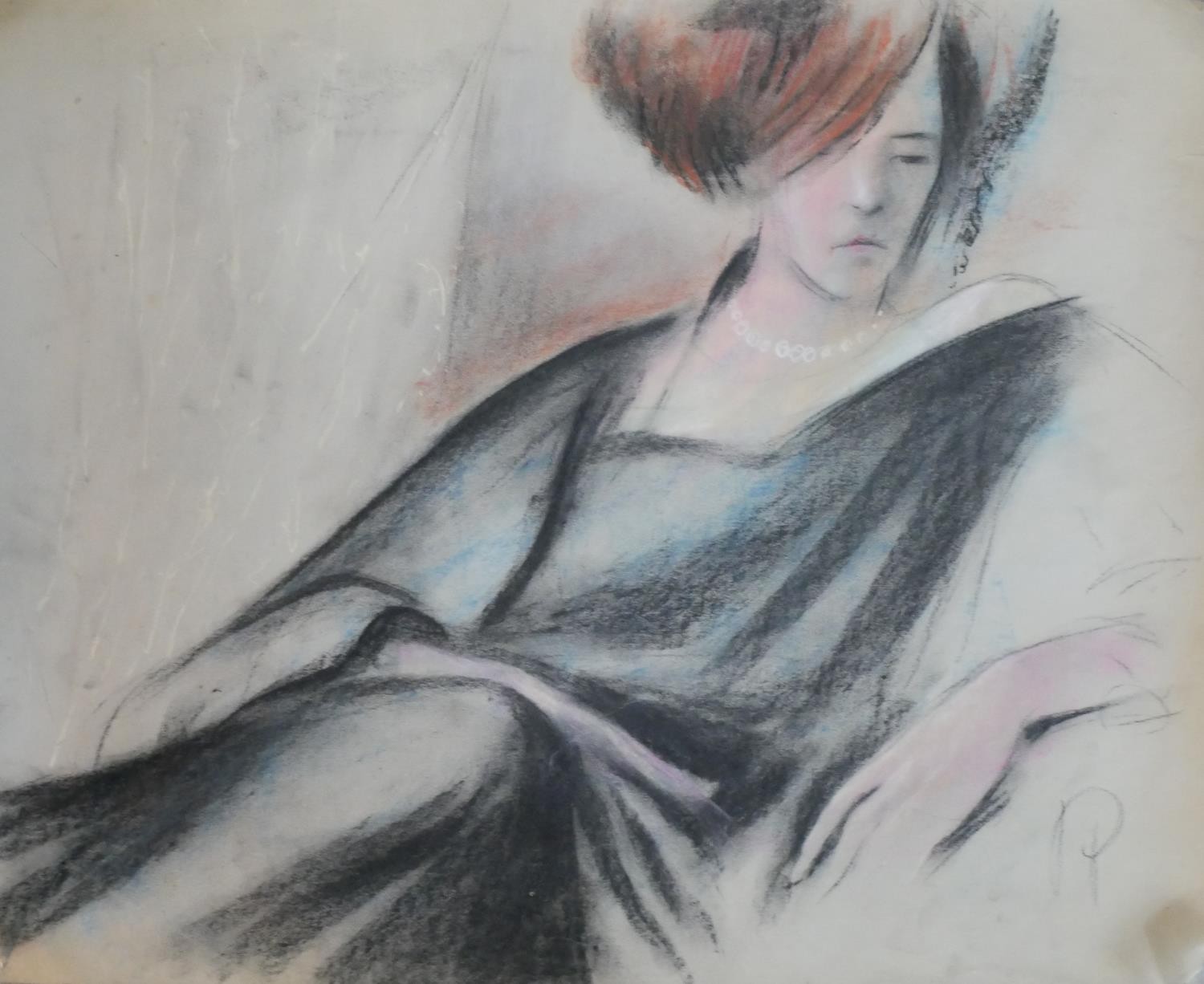An unframed pastel of a reclining woman, monogrammed. H.51 W.63cm