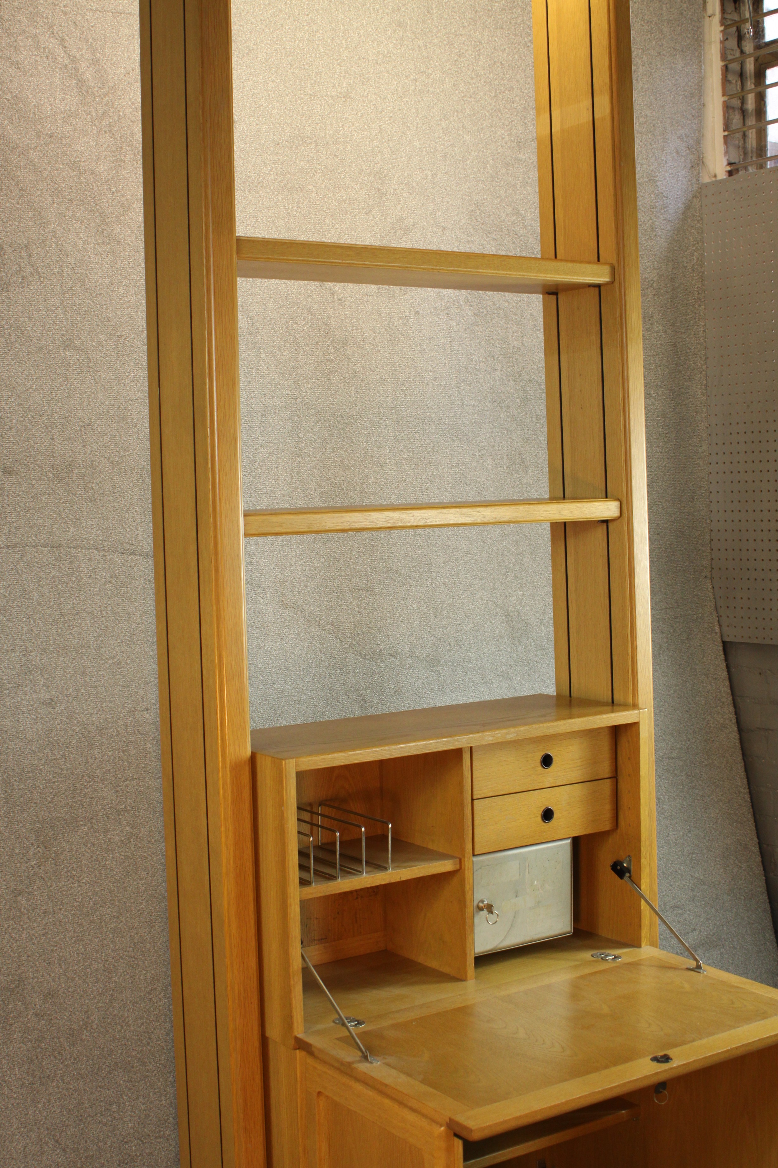 A late 20th century oak bureau cabinet, with shelves over a fall front containing drawers, - Image 9 of 11