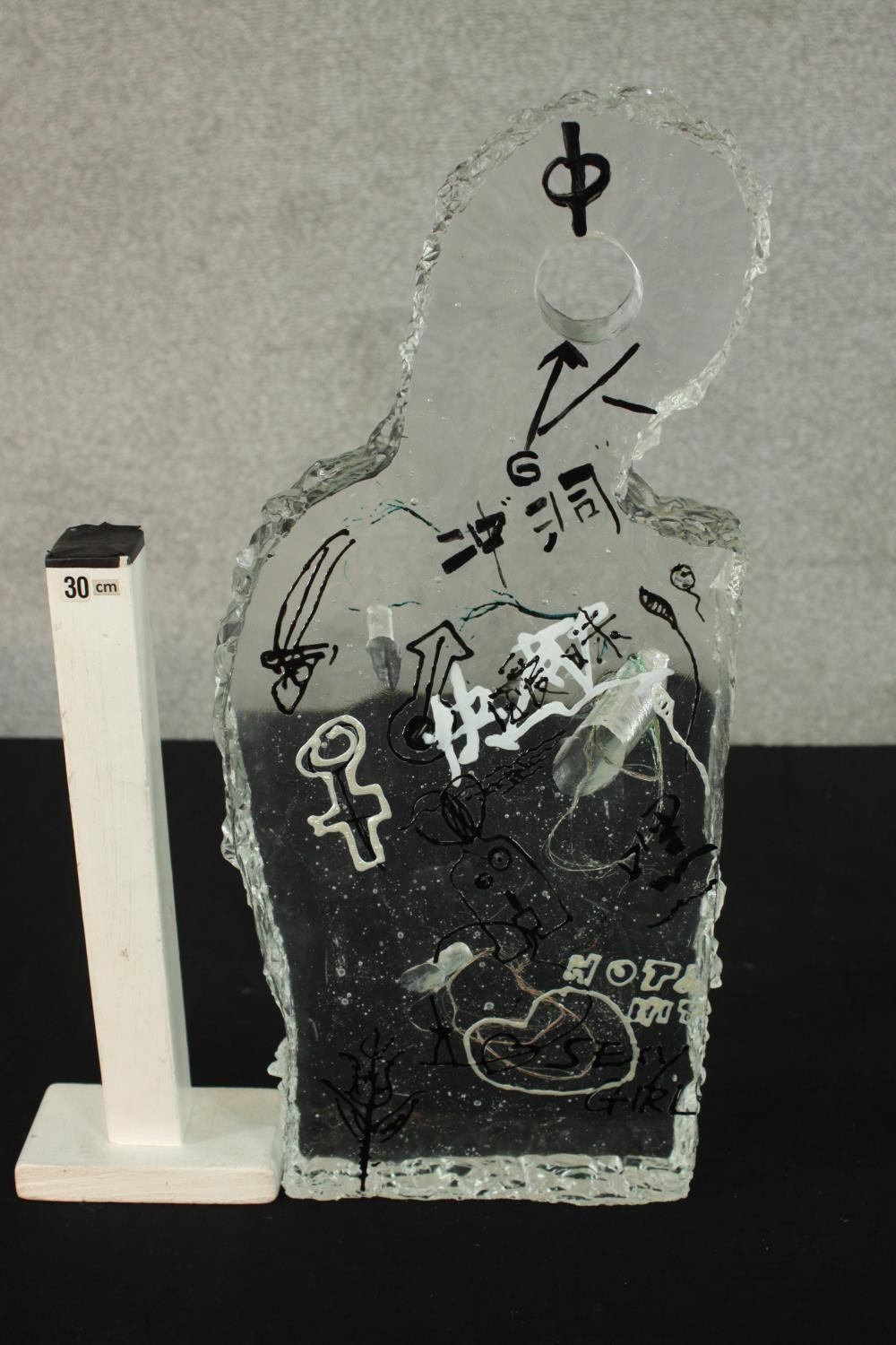 Two contemporary Asian glass sculptures, each with graffiti style decoration and suspended wire - Image 8 of 18