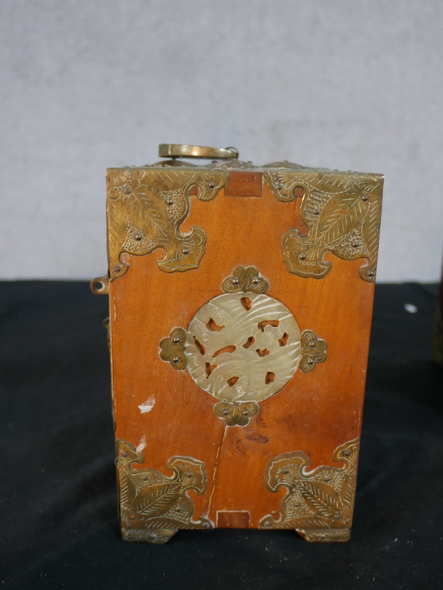 Three 20th century Chinese jewellery cabinets, with brass mounts and carved jade decoration, two - Image 5 of 21