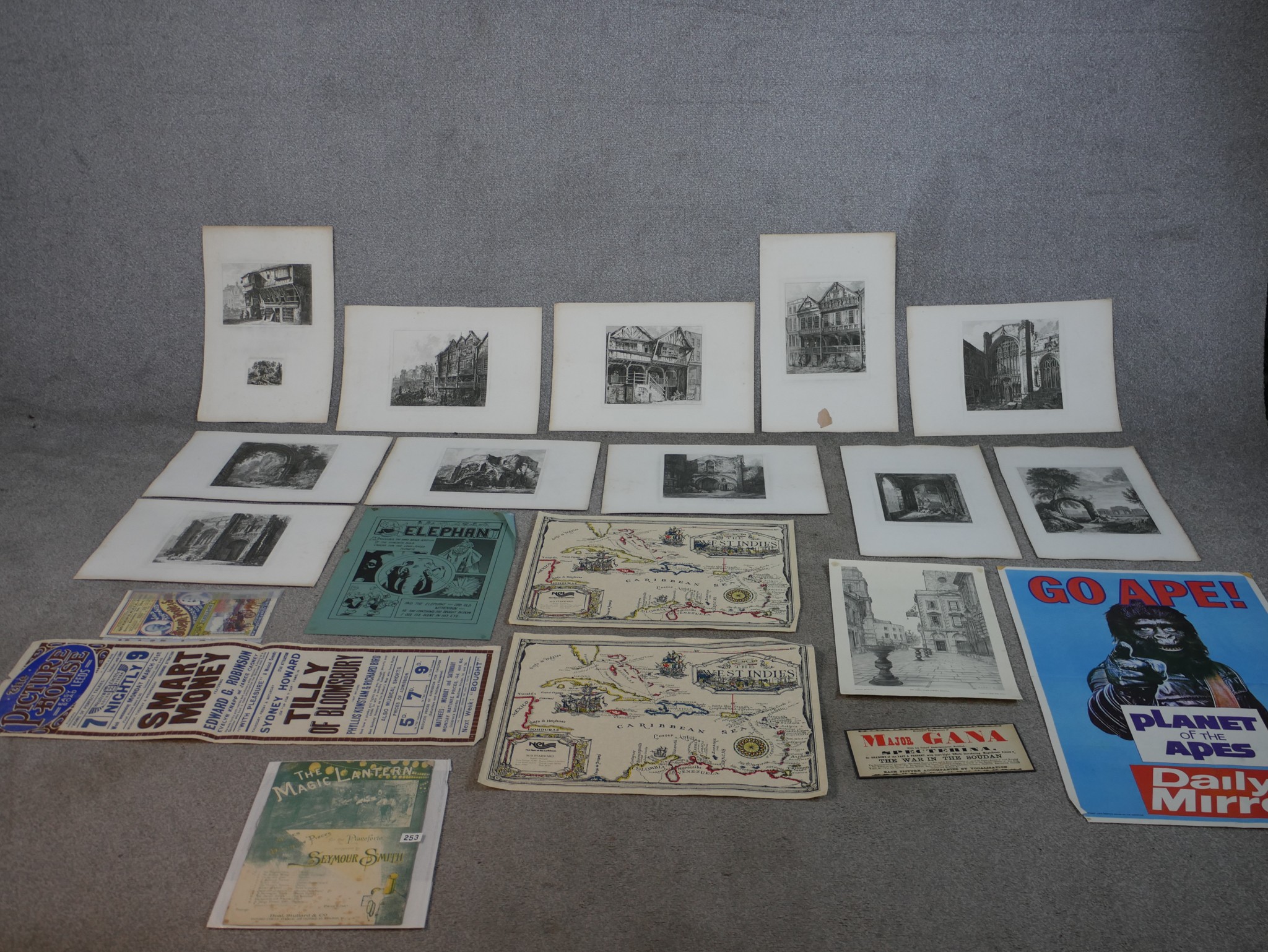 A collection of ephemera, including two hand coloured engraved maps of the West Indies, a collection