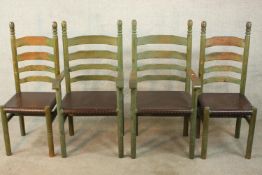 A set of four painted 19th / early 20th ladder back dining chairs, with turned finials raised on