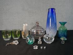 A selection of various glass to include John Driffield iridescent glass mushroom, a Medina glass