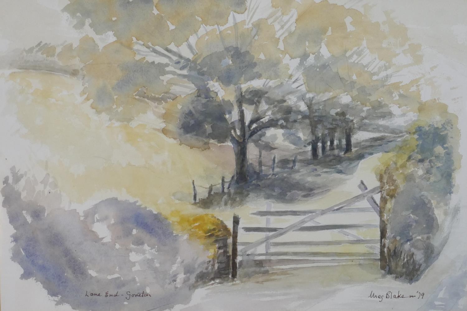 A framed and glazed watercolour of a countryside lane with gate, signed Blake. H.50 W.64cm