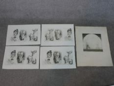 Five unframed etchings, four of portrait sketches, signed Edward Davies and another of figures