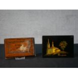 A Russian painted lacquered box with landscape and church design along with an olivewood covered