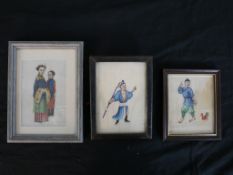 Three 19th century Chinese paintings on rice paper, depicting figures. H.19.5 W.15cm Largest