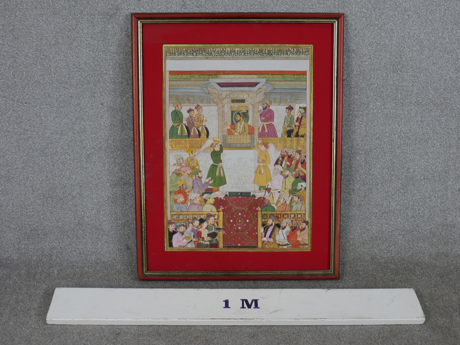 Mougal School, Europeans bring gifts to Shah Jahan, mixed media on paper, framed H.75 W.58.5cm - Image 3 of 7