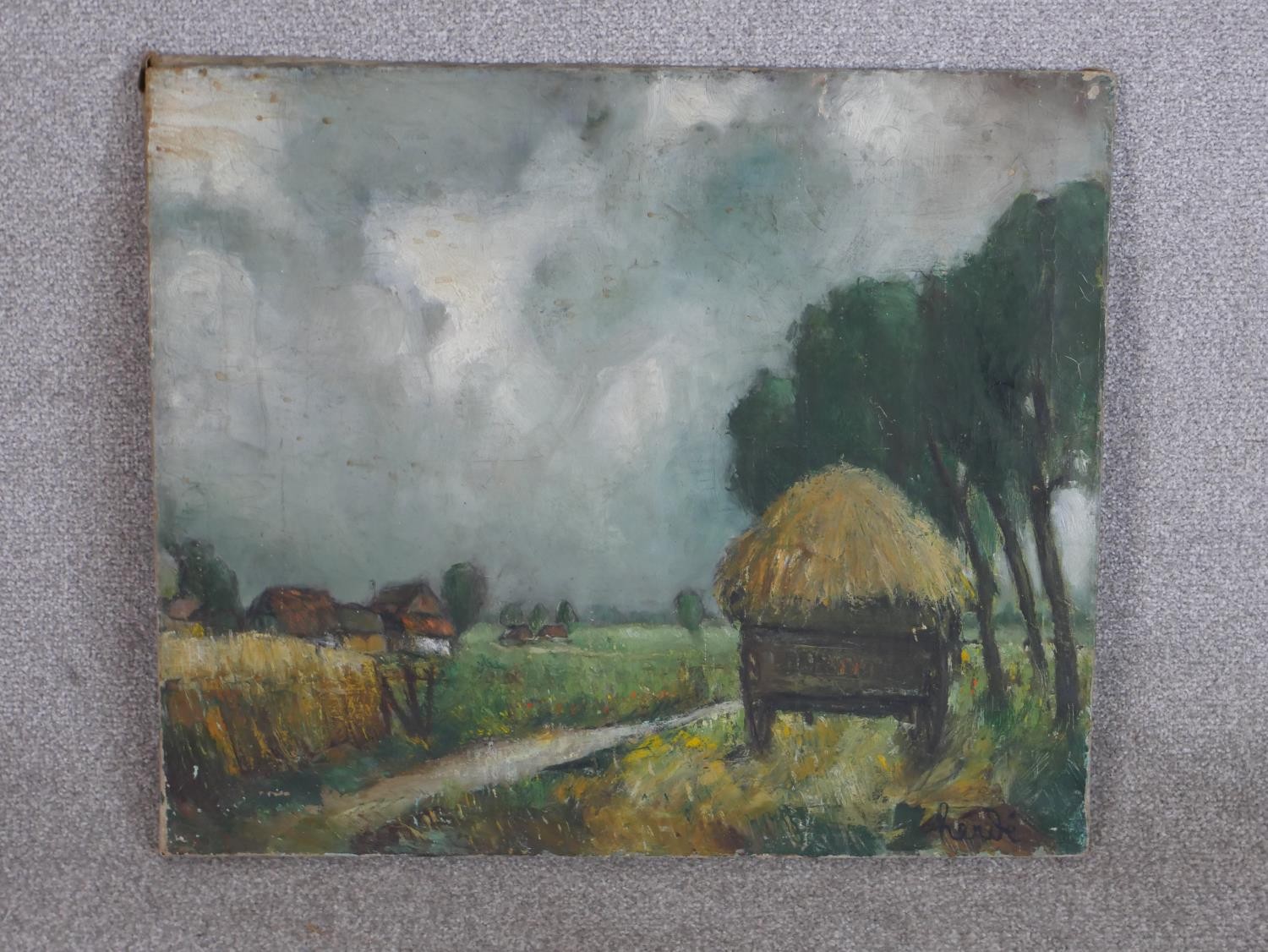 Rende, 20th century, Straw laden trailer on a track with village behind, oil on canvas, signed and