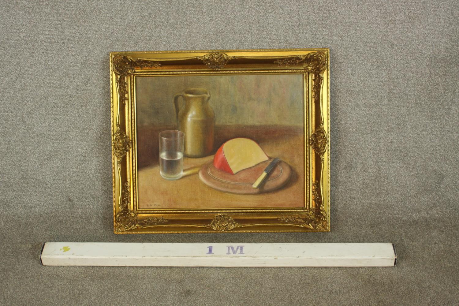 R. A. Bill (20th century), Still life of cheese with glass of water, signed and in a gilt frame. H. - Image 2 of 5