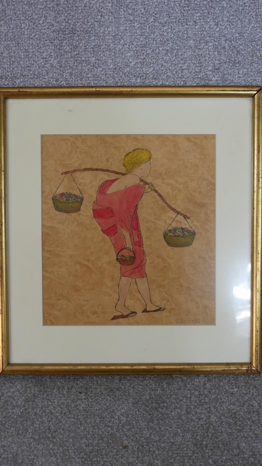 Katie Blackmore, watercolour of a blonde haired lady carrying baskets of apples, signed and - Image 10 of 10