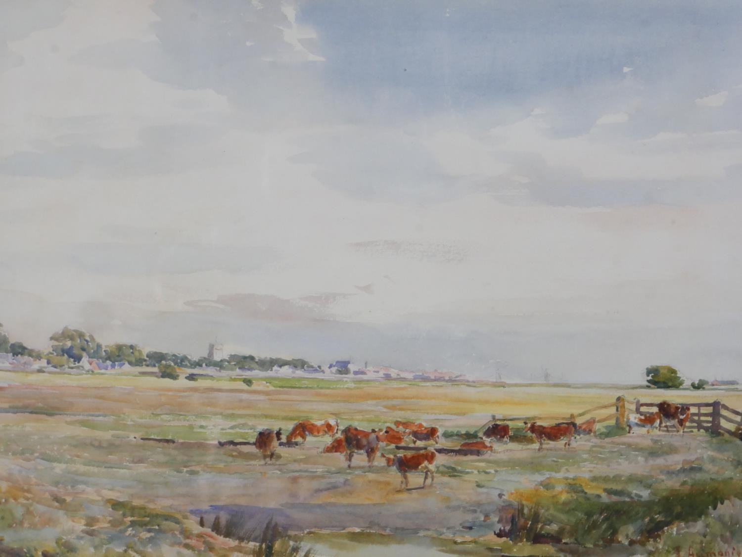 James Aumonier (1832 - 1911, British), Grazing cattle in the field with town behind, watercolour - Image 3 of 5
