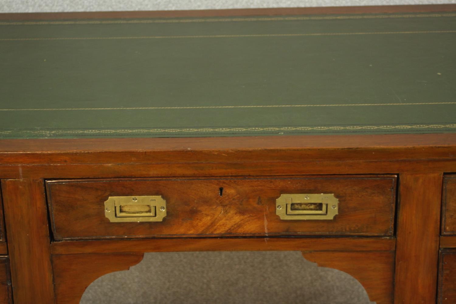 A contemporary mahogany Chinese style leather inset writing table with brass campaign style - Image 3 of 12