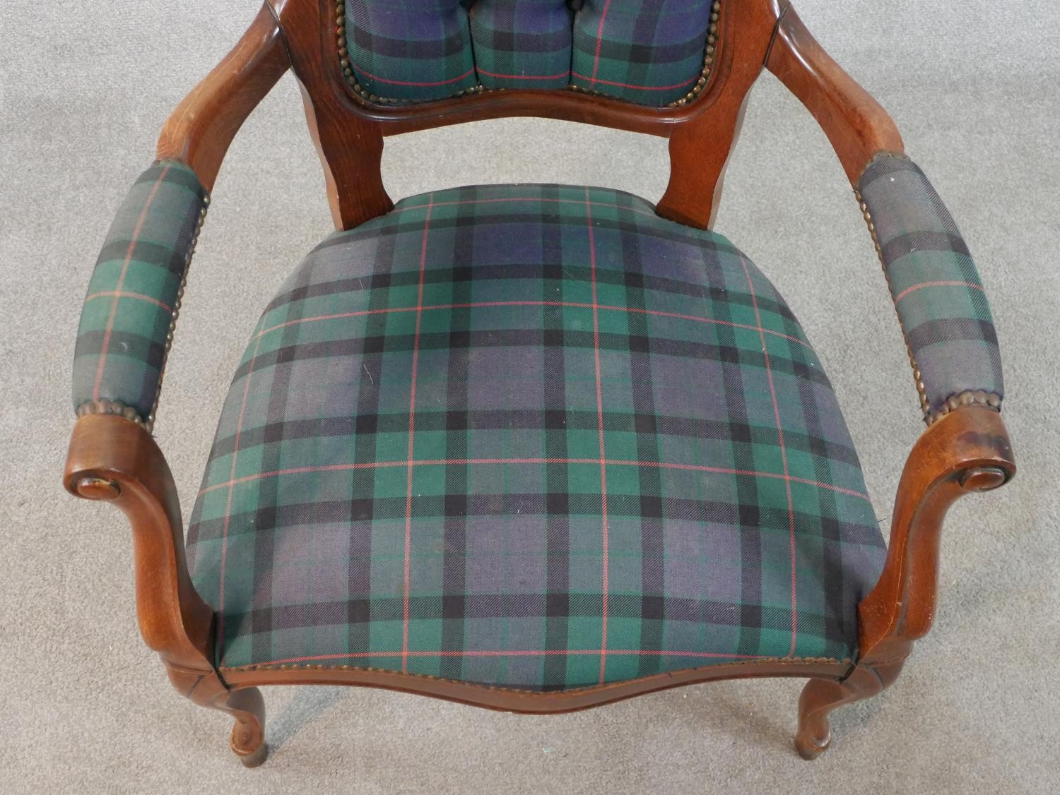 A early Victorian mahogany fauteil armchair with button back tartan fabric, with open arms, raised - Image 3 of 6