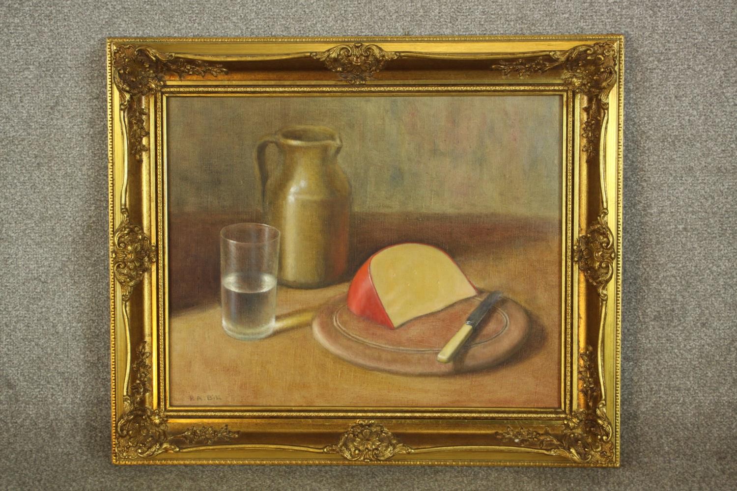 R. A. Bill (20th century), Still life of cheese with glass of water, signed and in a gilt frame. H.