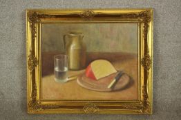 R. A. Bill (20th century), Still life of cheese with glass of water, signed and in a gilt frame. H.