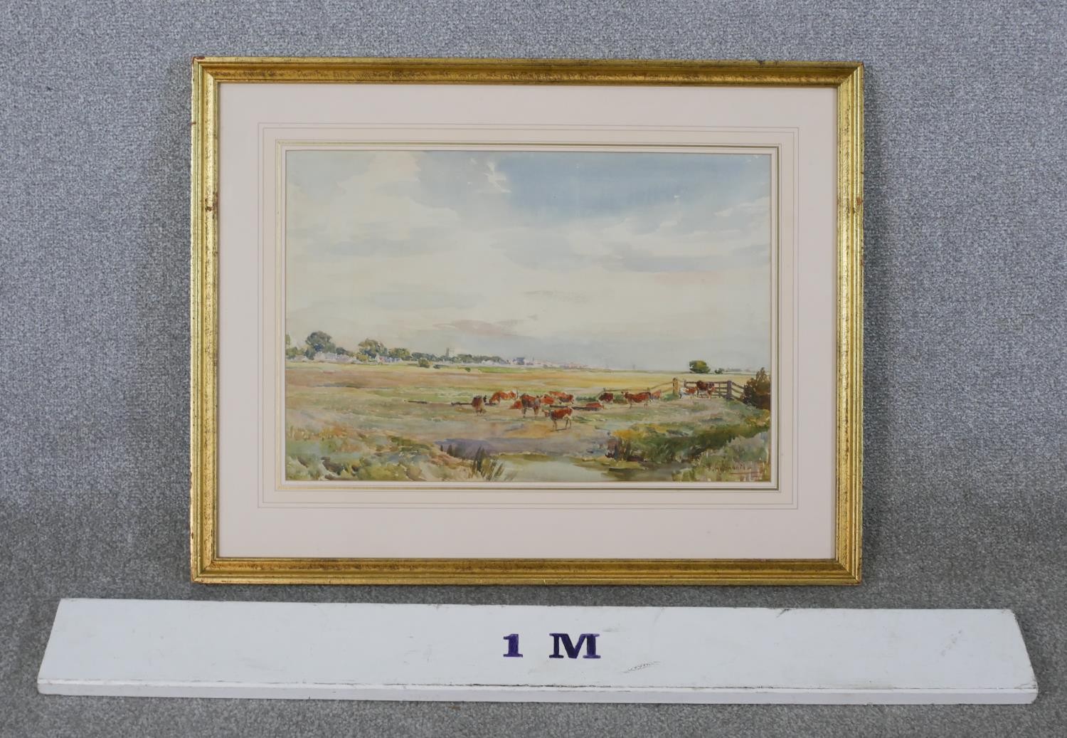 James Aumonier (1832 - 1911, British), Grazing cattle in the field with town behind, watercolour - Image 2 of 5
