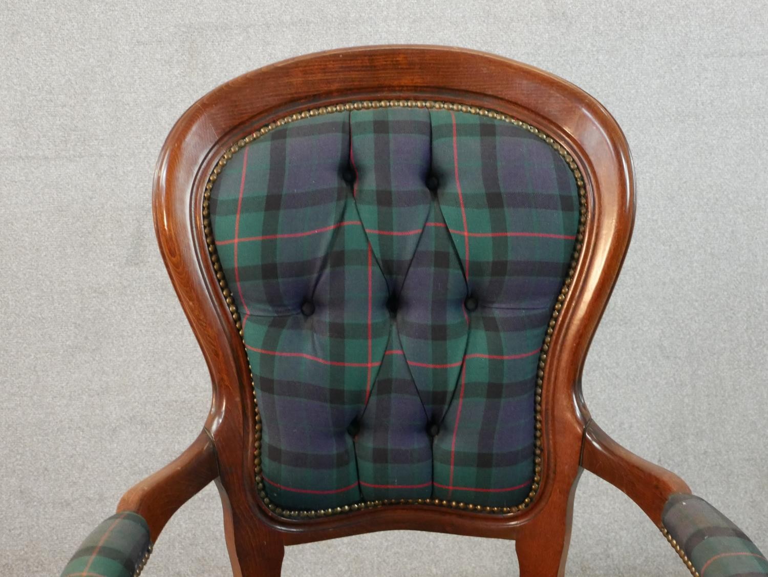 A early Victorian mahogany fauteil armchair with button back tartan fabric, with open arms, raised - Image 4 of 6