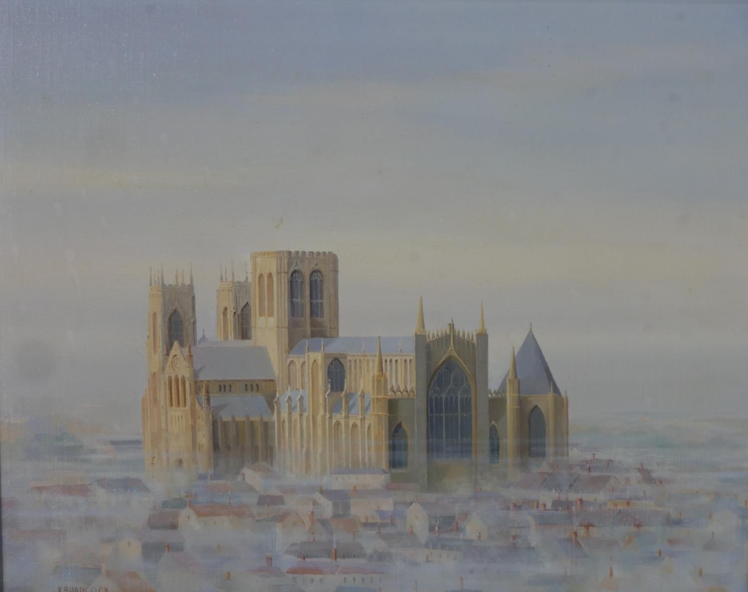 K. B. Hancock (20th century); York Minster in the Snow, acrylic on canvas, framed. H.60 W.70cm - Image 3 of 5